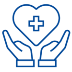 Aromapflege - eine dufte Idee? Icon zeigt zwei Hände über denen ein Herz mit einem Kreuz in der Mitte schwebt.