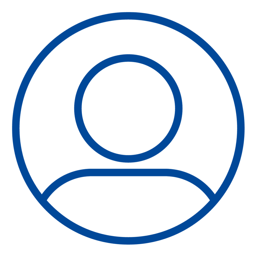 Aromapflege - eine dufte Idee? Icon zeigt einen blauen Kreis mit einer stilisierten Person aus einem Kreis für den Kopf und einem Bogen darunter für den Körper.